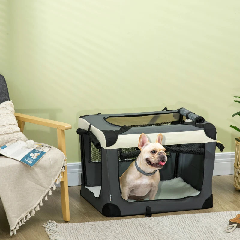 Foldable Grey Pet Carrier with Cushion - 70cm for Small Dogs and Cats