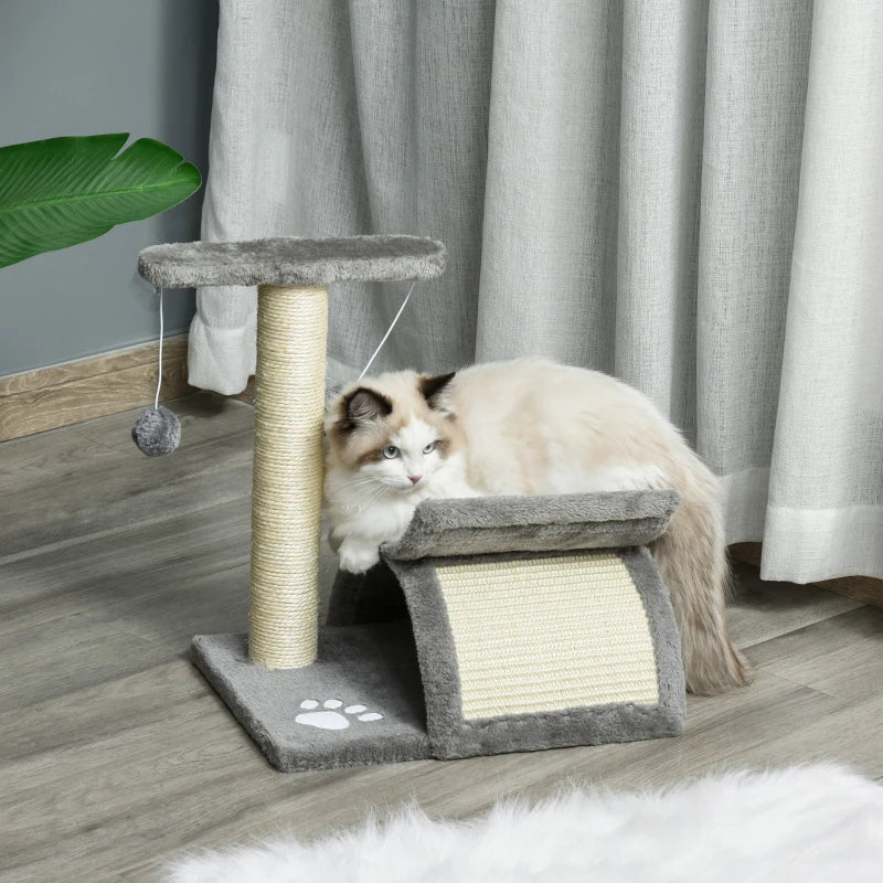 Grey Cat Tree with Rotating Top Bar, Scratching Post, Tunnel & Balls