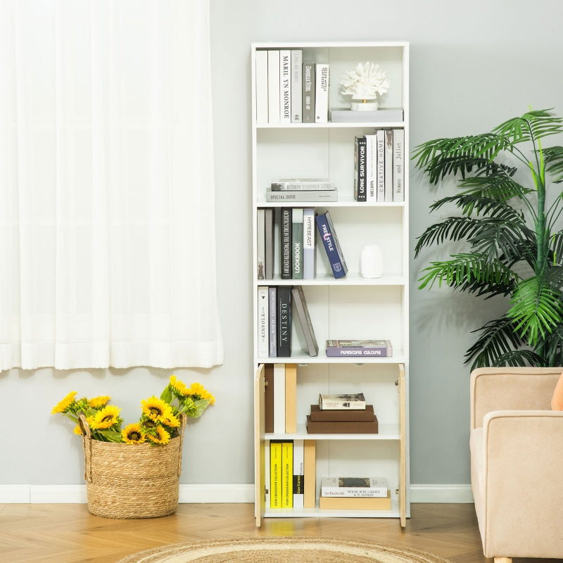 6-Tier White and Oak Bookcase with Double Door Cabinet