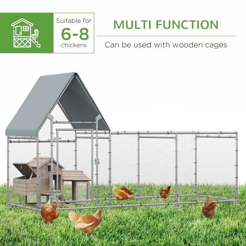 Galvanized Metal Chicken Run with Water-Resistant Cover, Large Outdoor Enclosure for 6-8 Chickens