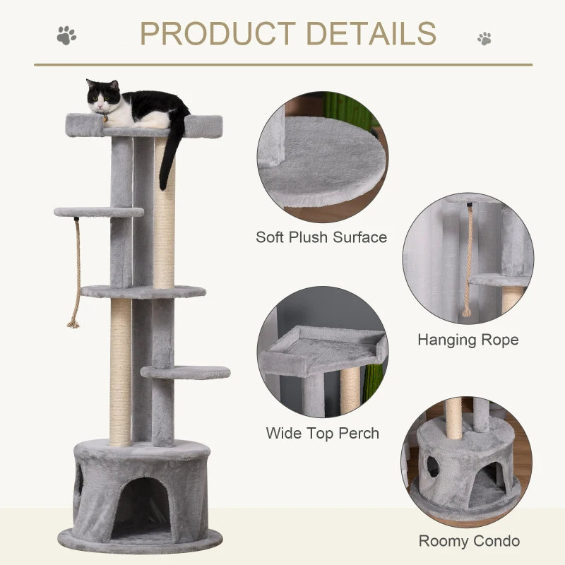 Grey Cat Tree Tower with Scratching Post and Plush Perches