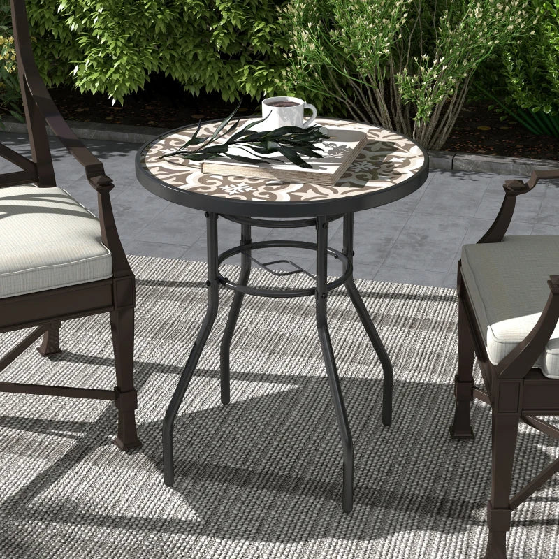 Brown Round Garden Table with Glass Printed Top - 60cm