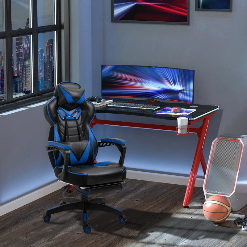 Blue Gaming Chair with Lumbar Support, Footrest, and Headrest