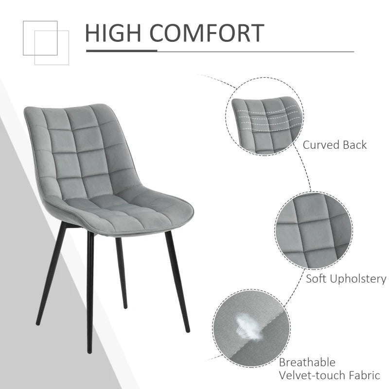 Velvet Upholstered Dining Chairs, Set of 2, Metal Legs, Grey