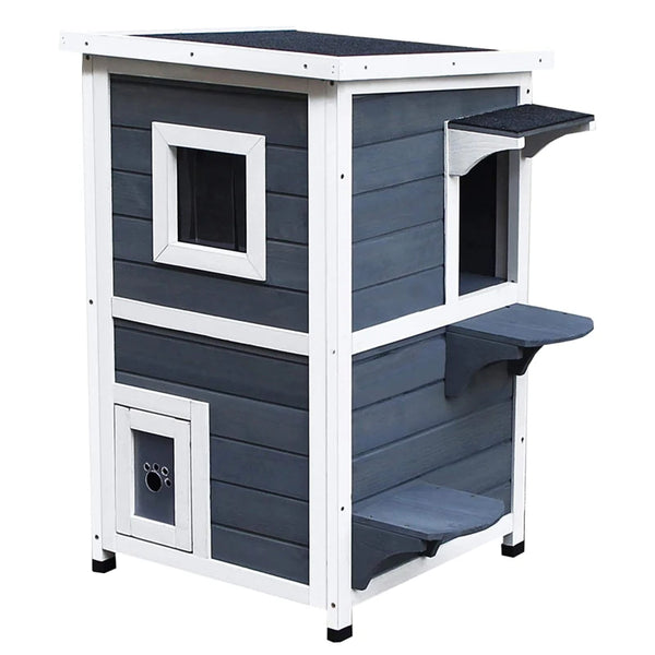 Grey 2-Floor Wooden Cat House with Window