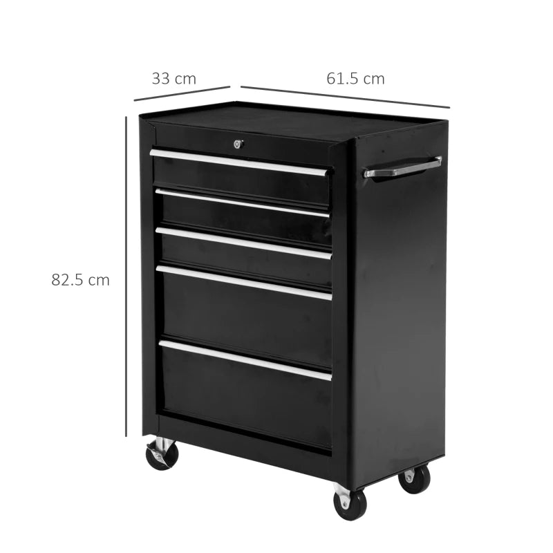 Black 5-Drawer Lockable Steel Tool Cabinet with Wheels