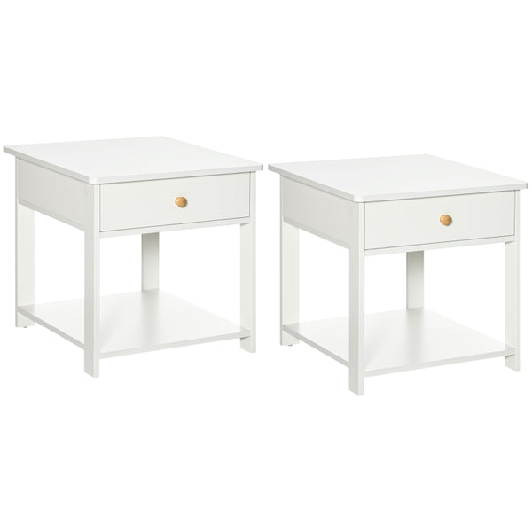 White Square Bedside Table Set with Drawer and Shelf