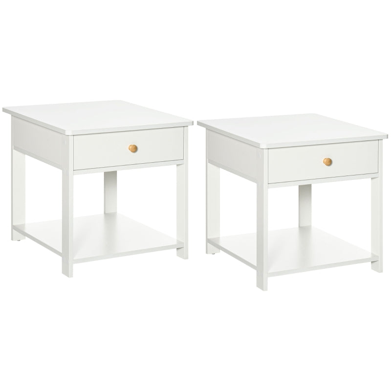 White Square Bedside Table Set with Drawer and Shelf