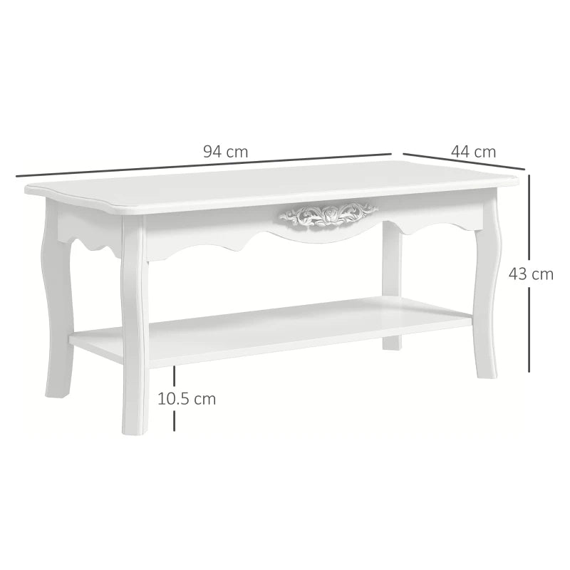 White Wood Coffee Table with Storage Shelf, 94L x 44W x 42H cm