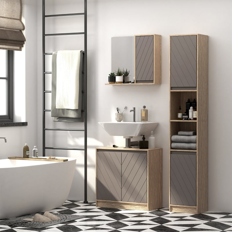 Grey and Brown Freestanding Bathroom Storage Cabinet with 2 Cupboards and 2 Compartments