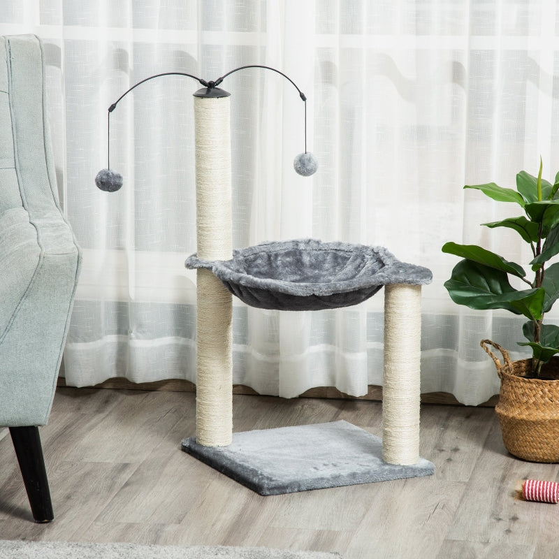 Grey Cat Tree Tower with Scratching Post, Hammock & Ball - 40x40x83 cm