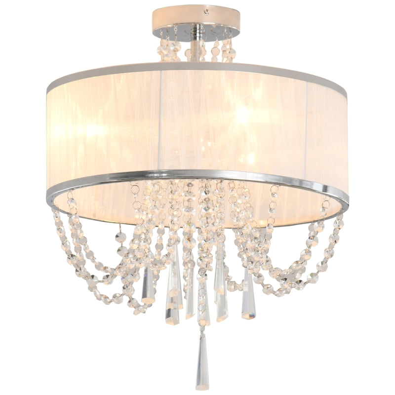 White Fabric Chandelier with Crystal Pendants for Home Decor