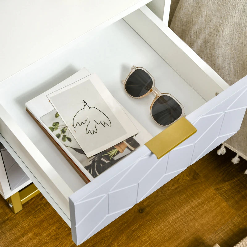 Grey and White 2-Drawer Bedside Table with Steel Frame