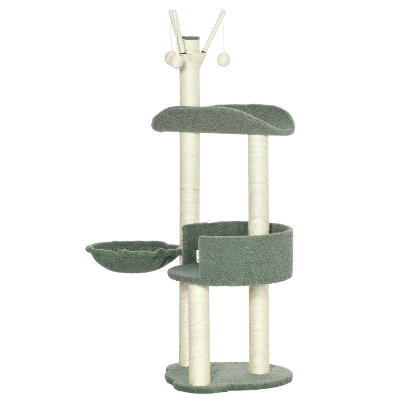 Green Cat Tree Tower with Scratching Post, Hammock & Toy