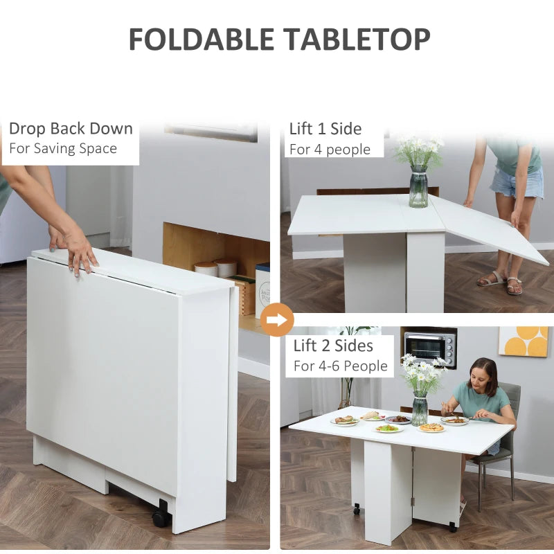 White Folding Dining Table with Shelves and Casters