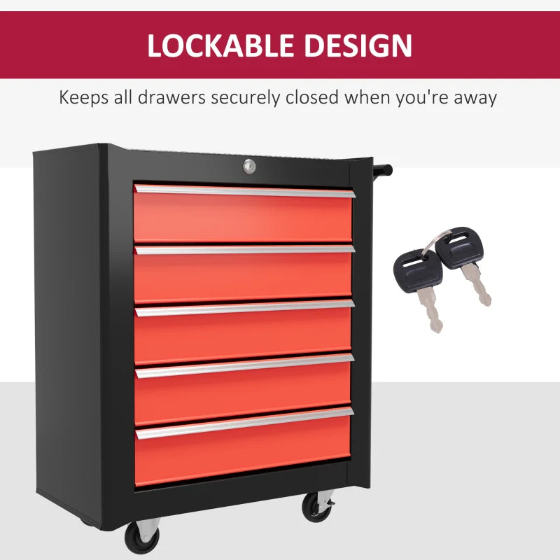 Red 5-Drawer Steel Tool Chest with Wheels and Lockable Cabinet