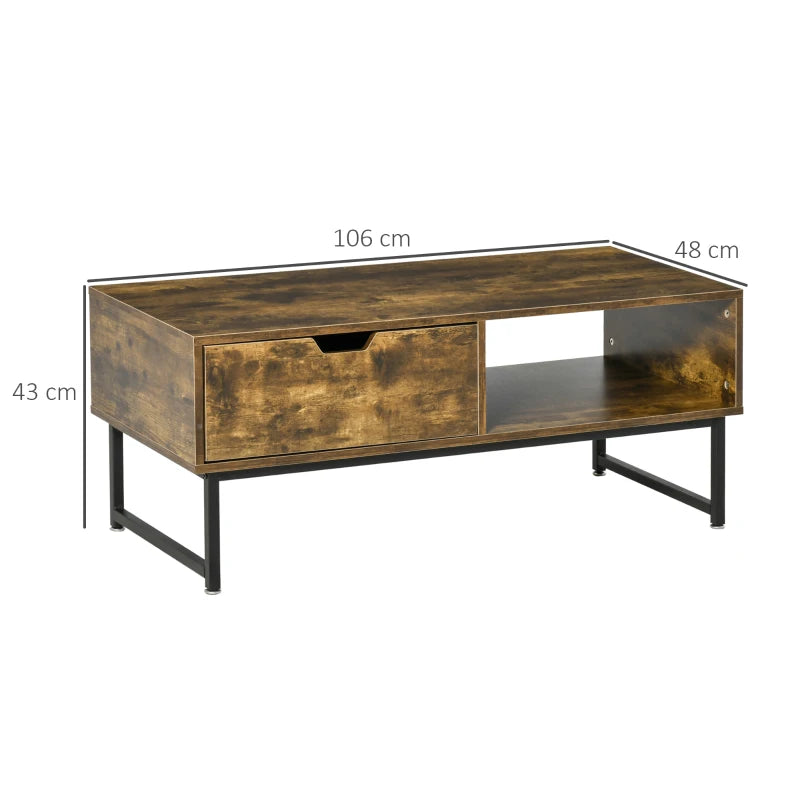 Rustic Brown Industrial Coffee Table with Storage Shelf and Drawer