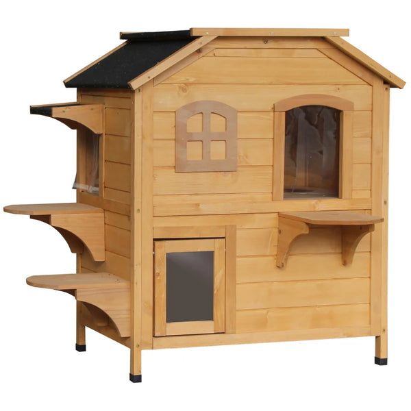 Wooden 2-Story Outdoor Cat House - Weatherproof, Natural Wood Finish