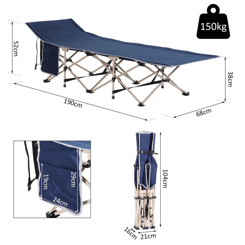 Blue Portable Folding Camping Cot with Side Pocket and Carry Bag