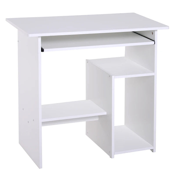 White Compact Corner Computer Desk with Keyboard Tray and Storage Shelf