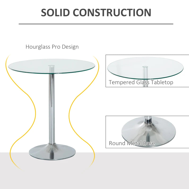 Black Glass Round Dining Table, Modern Steel Base, Small Space Bar Table