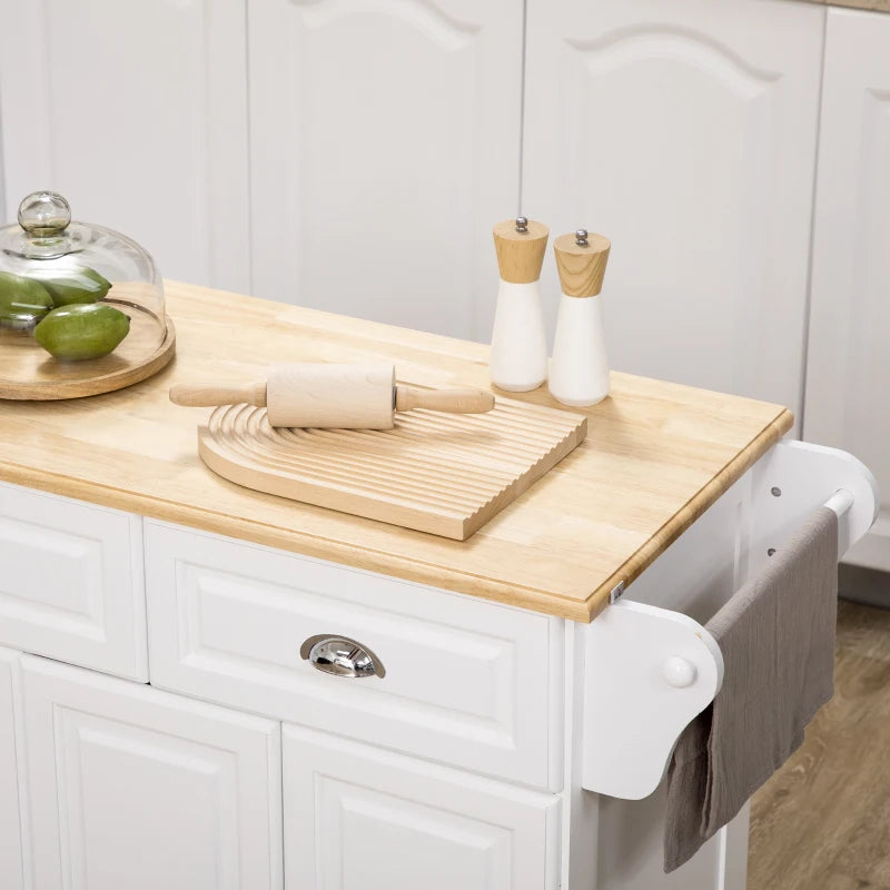 White Rolling Kitchen Island Cart with Storage and Towel Rack