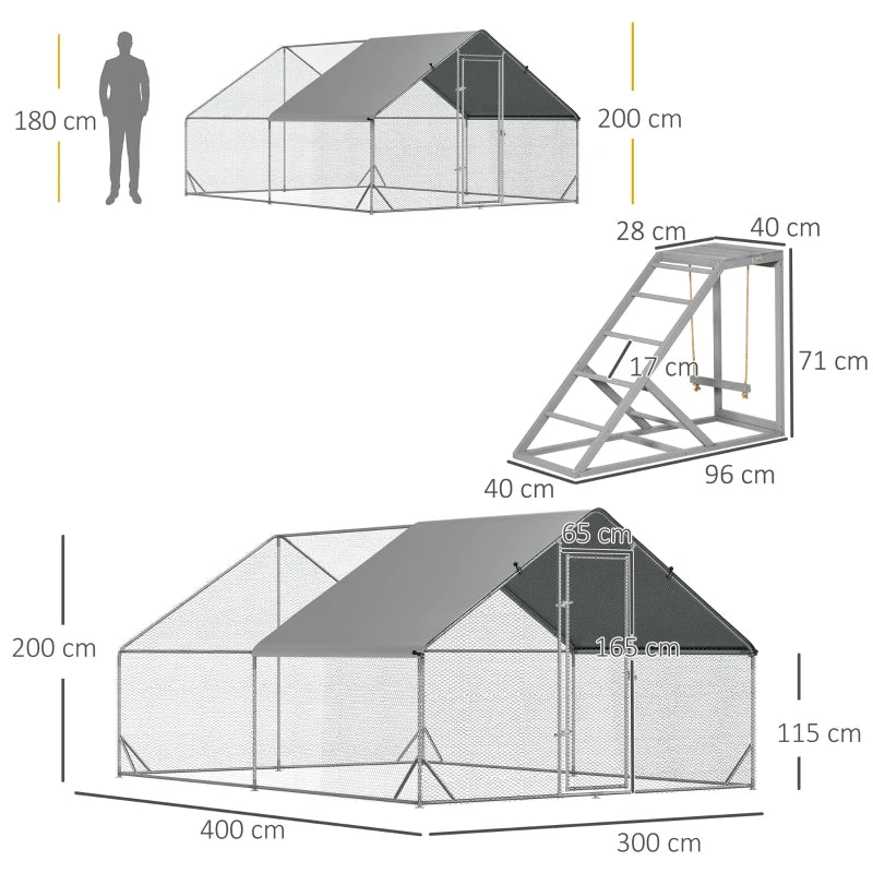 Large Chicken Run with Activity Shelf and Cover, 3x4x2m, Green