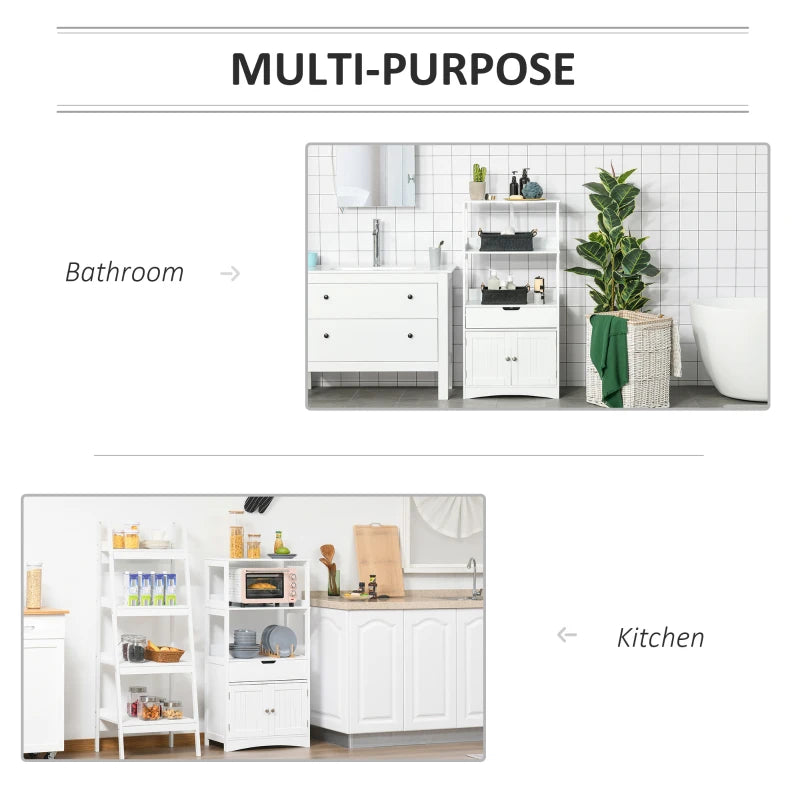 White Bathroom Floor Cabinet with Shelves, Drawer, and Doors