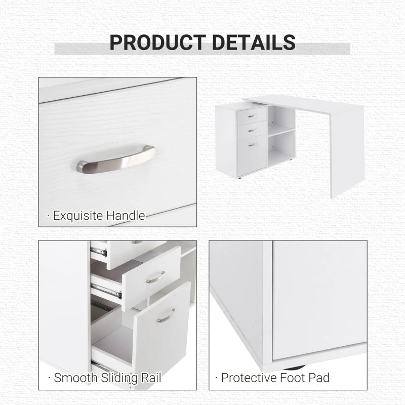 White L-Shaped Corner Desk with Drawers and Storage Shelves