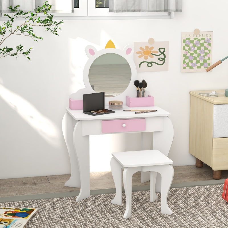 White Unicorn Kids Dressing Table Set with Mirror and Stool