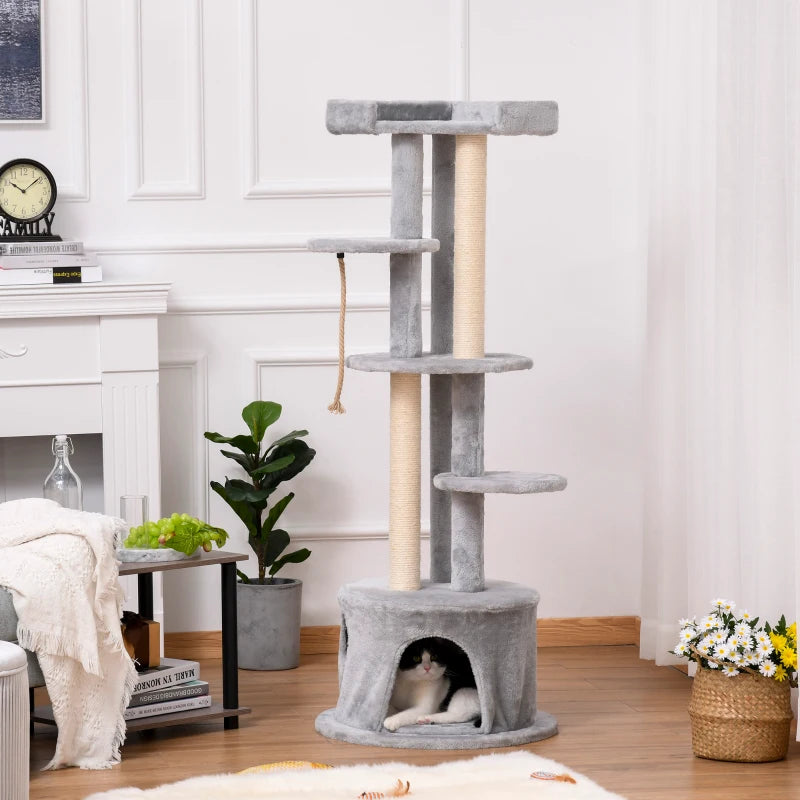 Grey Cat Tree Tower with Scratching Post and Plush Perches