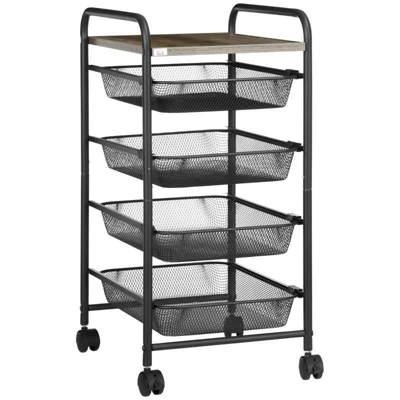 Black Rolling Utility Storage Trolley with 4 Mesh Trays