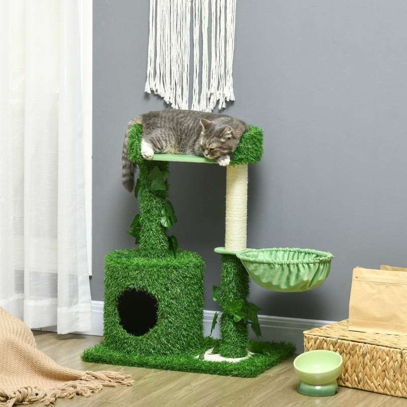 Green Cat Tree with Leaves, Scratching Posts, Hammock - 77cm