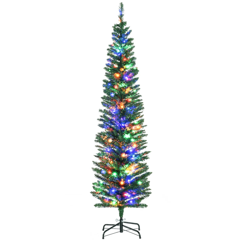 6ft Pre-lit Christmas Tree with Colourful LED Lights, Pencil Shape, Steel Base - Green