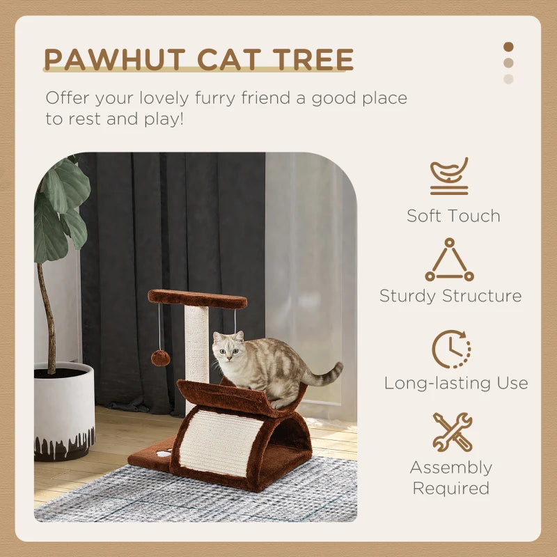 Brown Cat Tree with Rotating Top Bar, Scratching Post, Tunnel & Balls