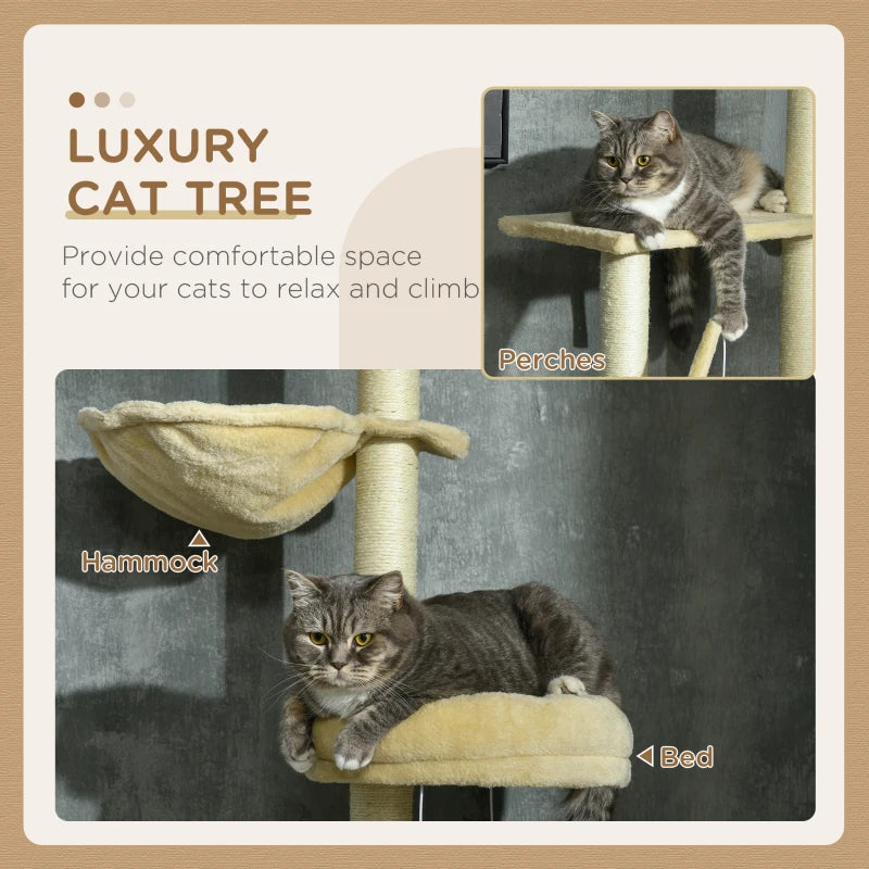 Beige 6-Tier Floor to Ceiling Cat Tree with Scratching Post and Hammock