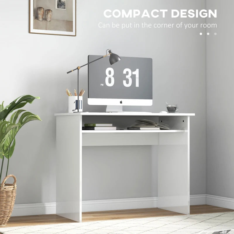White Modern Home Office Desk with Storage Shelf - 90 x 50cm