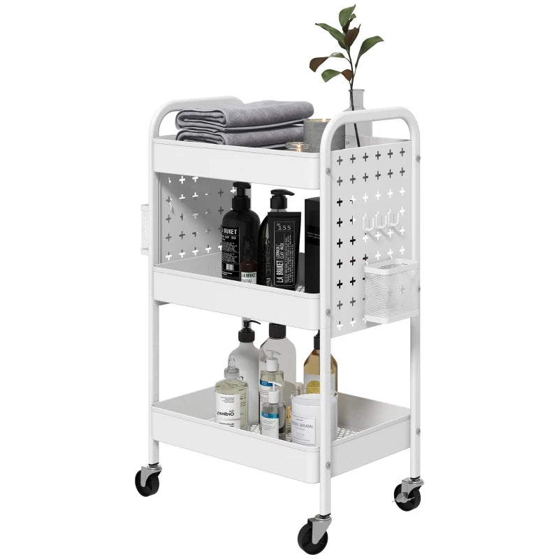 White 3-Tier Rolling Storage Trolley with Baskets and Hooks