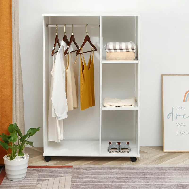 White Mobile Wardrobe with Hanging Rod and Shelves