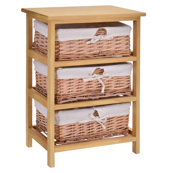 3-Drawer Wicker Basket Storage Shelf - Natural Wood Organizer