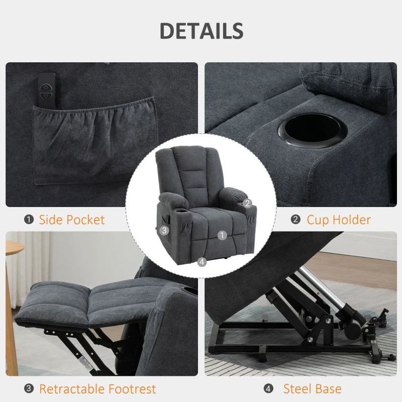 Charcoal Grey Elderly Lift Chair with Remote Control and Storage