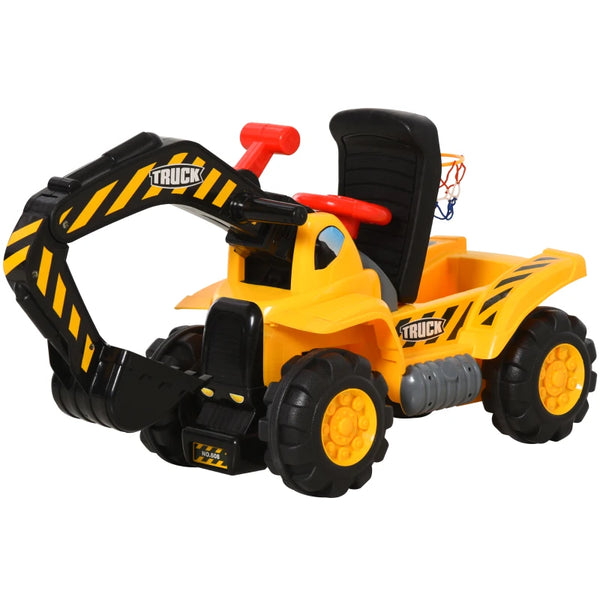 Blue Kids Ride-On Excavator with Basketball Net & Steering Wheel Toy