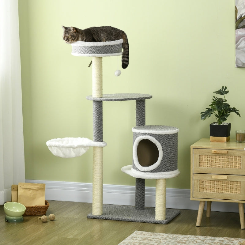 Cat Climbing Tower with Scratching Posts, Multi-level Cat Tree, 124cm - Grey