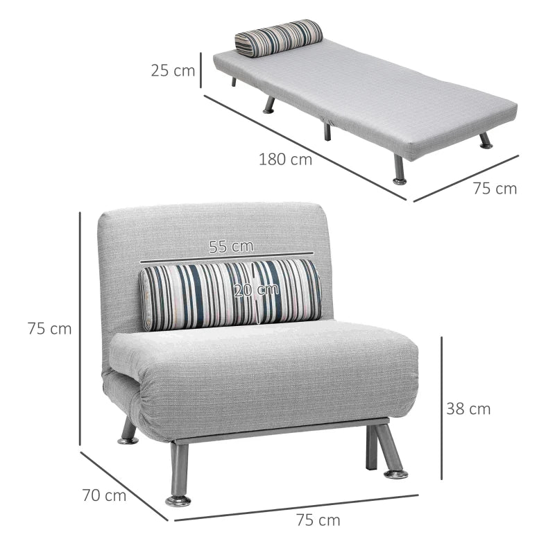 Grey Single Sofa Bed with Pillow - Foldable 1 Person Sleeper Lounge