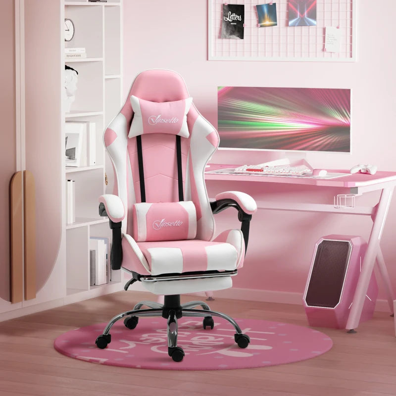 Pink Racing Gaming Chair with Lumbar Support & Head Pillow