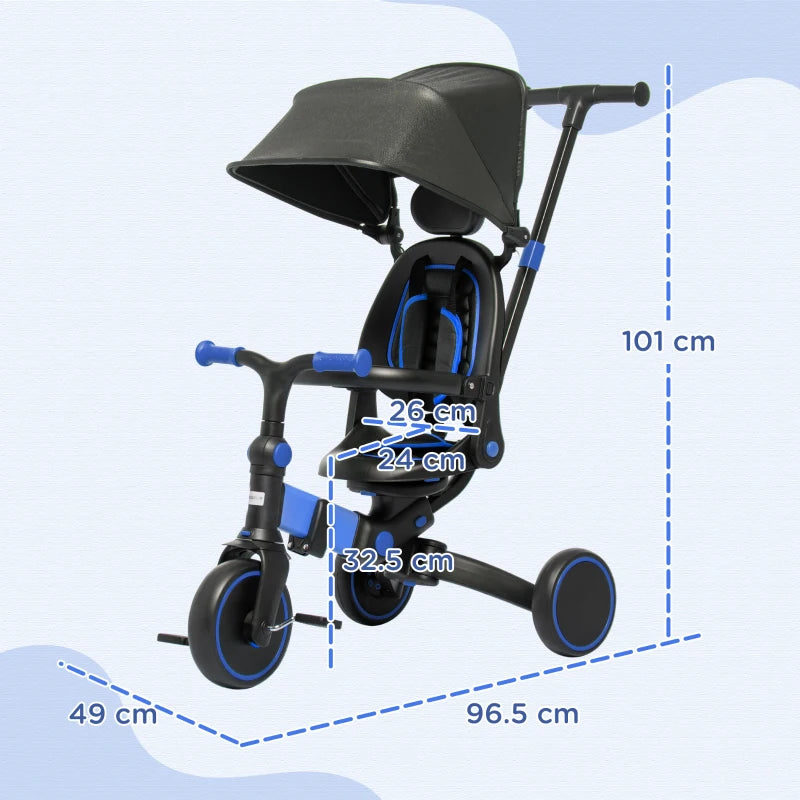 Blue 3-in-1 Kids Tricycle with Parent Handle