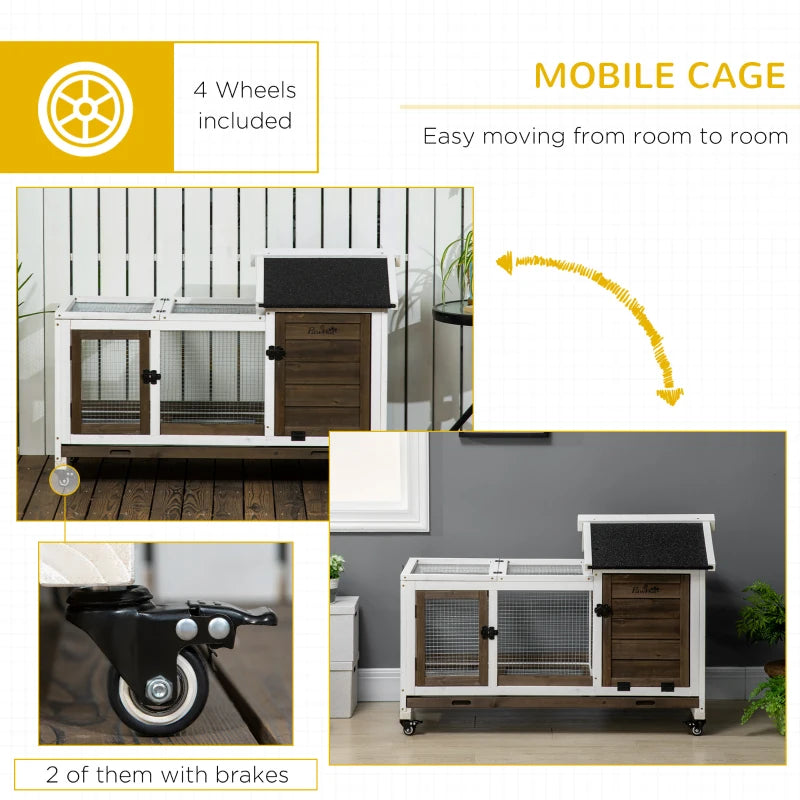 Brown Wooden Rabbit Hutch with Removable Tray and Wheels