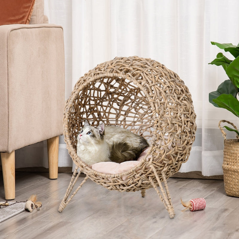 Rattan Cat Bed with Tripod Legs & Cushion - Natural Wood