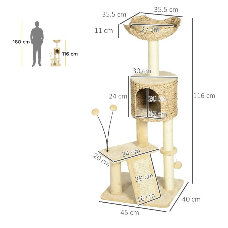 Beige Cat Tree Tower with Scratching Post, House, Bed, Toy Ball, Platform