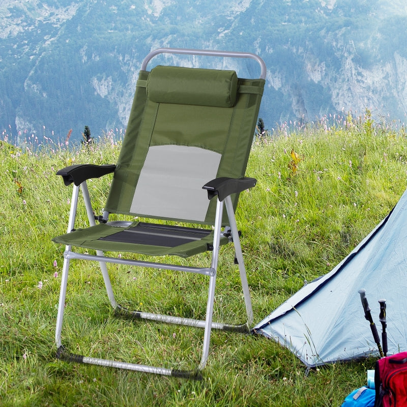 Green Folding Camping Chair with Adjustable Recliner Seat and Pillow